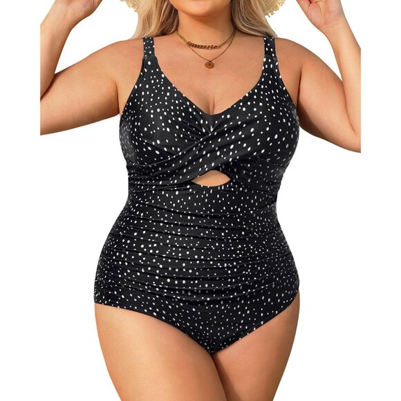 Daci Black White Polka Dot Swimsuit Tummy Control Cutout Size 16W NWOT #2080 - Picture 1 of 1
